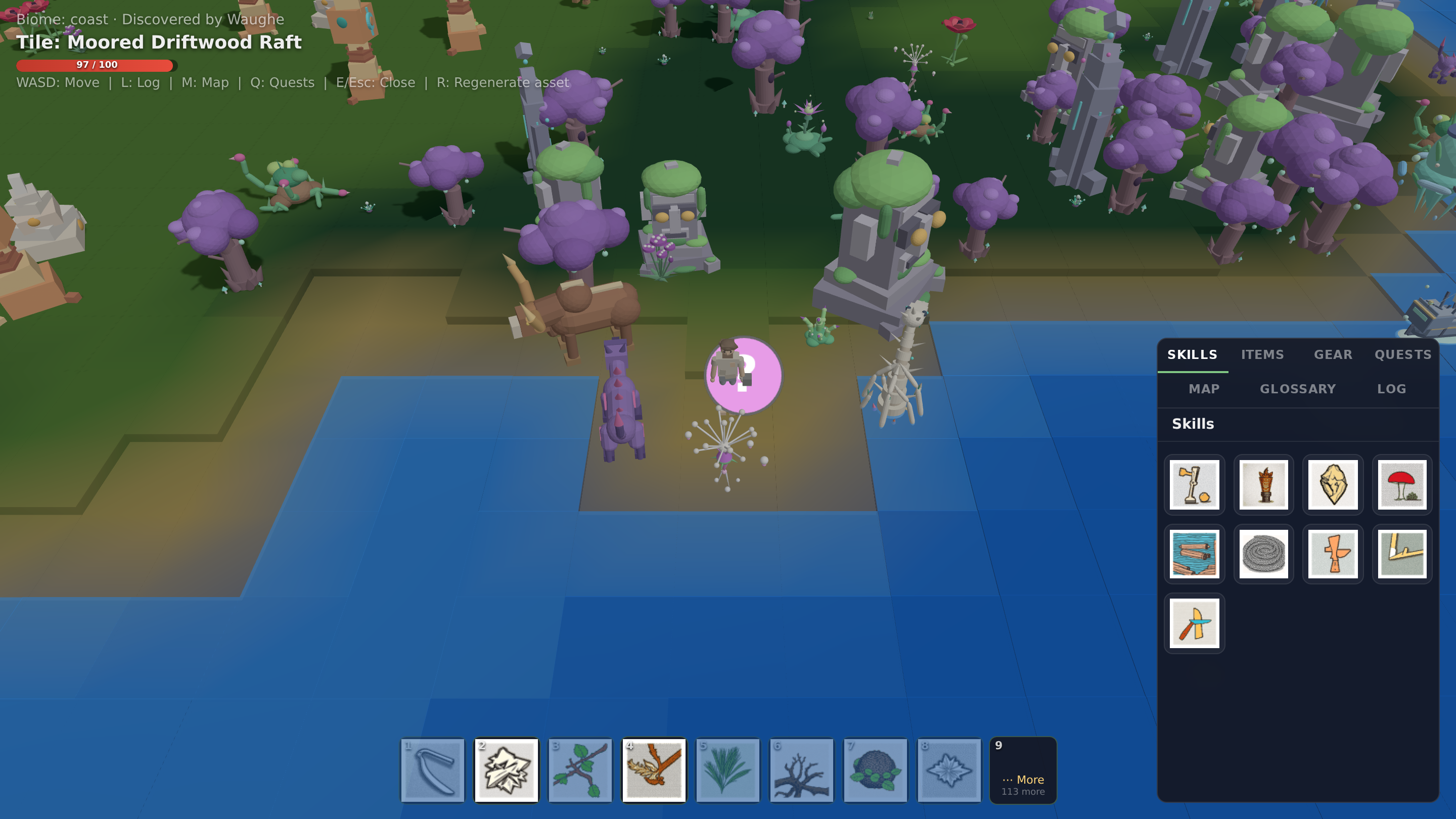 Endless Game gameplay: the Skills panel open beside the generated 3D world