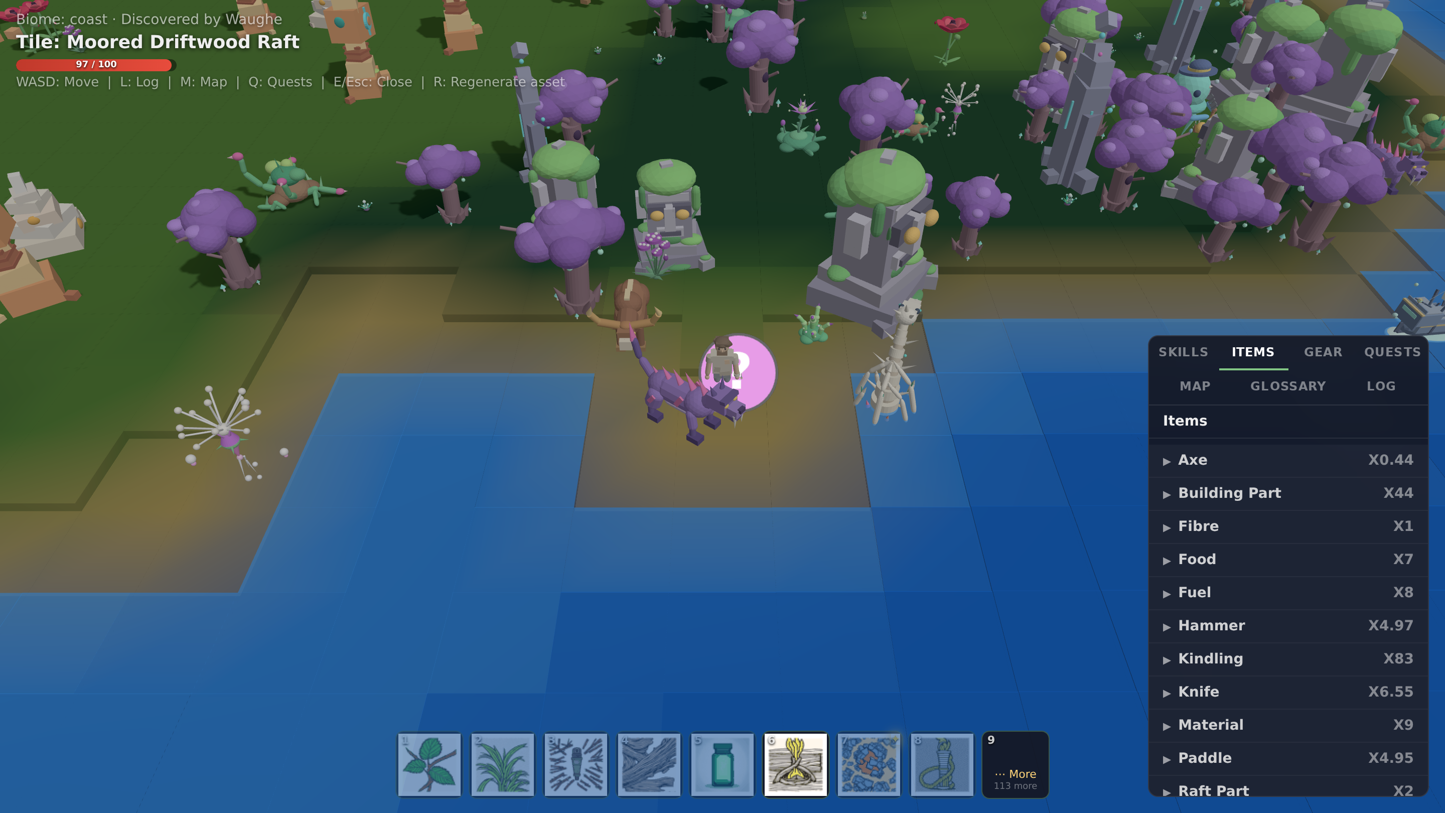 The Items inventory panel with gathered resources and quantities